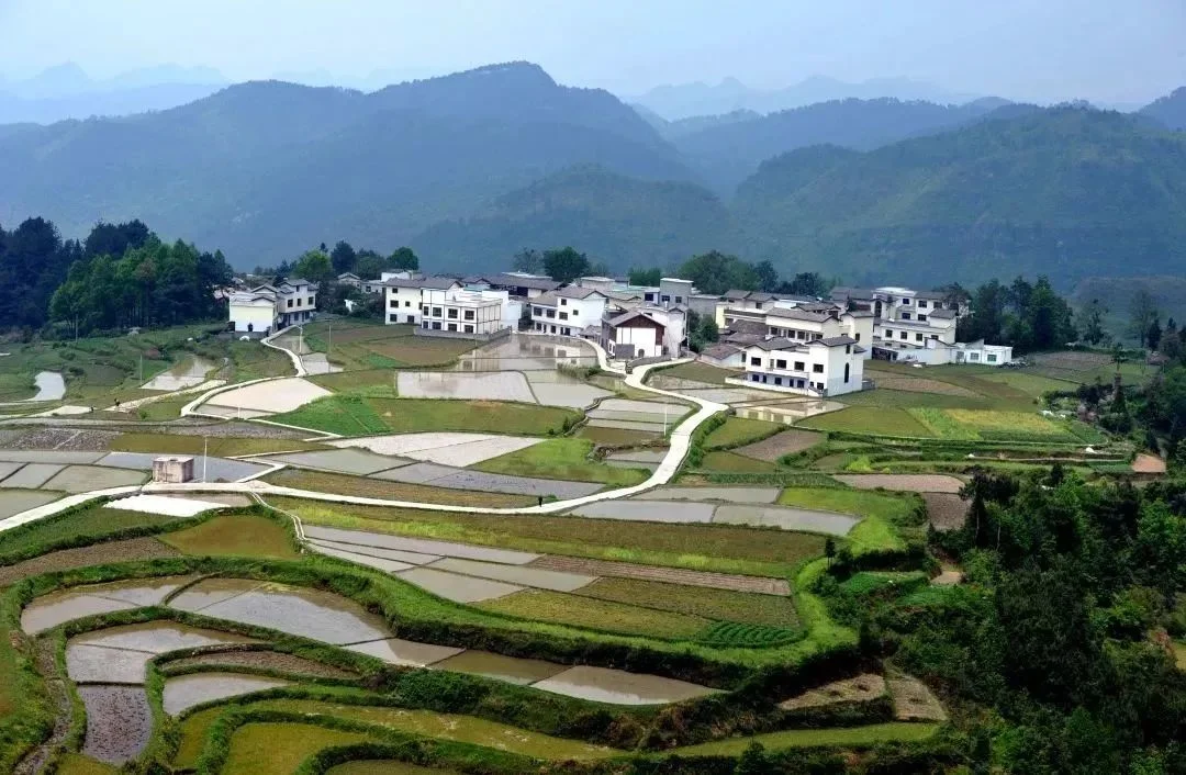 青山与田野环绕的贵州乡村民居